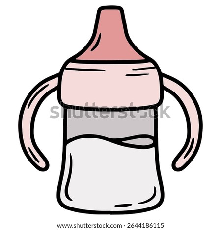 Hand drawn vector illustration of a baby sippy cup with handles, pink and grey color