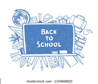 Hand drawn vector illustration - Back to school. Sketch design elements. Education, study, teacher, school supplies. Perfect for presentations, web, bunners, advertising