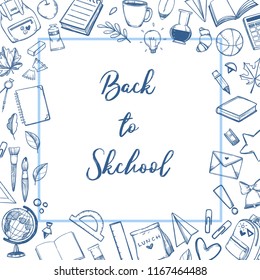 Hand drawn vector illustration - Back to school background. Sketch design elements. Education, study, teacher, school supplies. Perfect for notebook, presentations, web, bunners, advertising