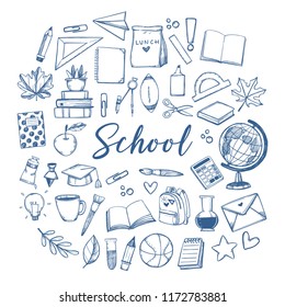 Hand drawn vector illustration - Back to school background. Sketch design elements. Education, study, teacher, school supplies. Perfect for notebook, presentations, web, bunners, advertising