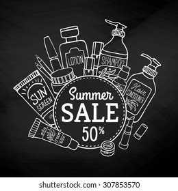 Hand drawn vector illustration background of make up and cosmetics. Sketch of make up collection for shop and spa. Sale banner on chalkboard
