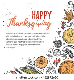 Hand drawn vector illustration. Background with autumn elements ( carrot, pumpkin, rowan, mushroom, corn, acorn, apple, fork etc). Happy thanksgiving! 