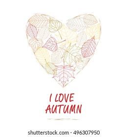 Hand drawn vector illustration. Background heart of autumn leaves.  I love autumn. Forest design elements.  Stock vector. Flat design.