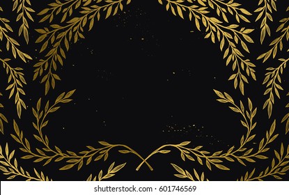 Hand drawn vector illustration - Background with vintage branches and inky splashes. Gold botanical leaves. Perfect for wedding invitations, greeting cards, brochures, vouchers, certificates, flyers