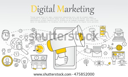 Hand drawn vector illustration background of digital marketing with doodles elements