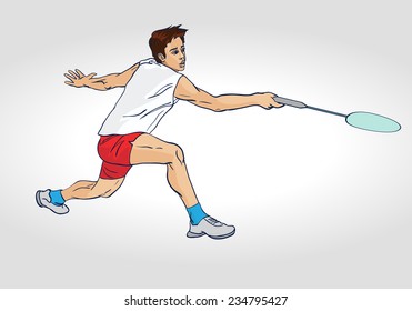 Hand drawn vector illustration of Badminton : A Professional Badminton Player Jumping and Hitting A Shuttlecock, on White Background