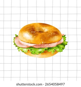 ilustração de vetor desenhado à mão de sanduíche de bagel com porco e legumes