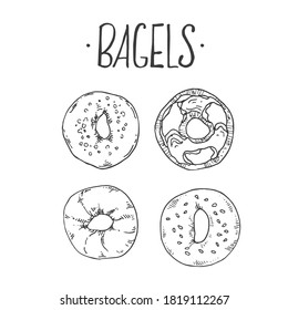 Hand drawn vector illustration of bagels. Label lettering with space for text.  Fast food menu, cafe decor