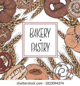 Hand drawn vector illustration of bakery with lettering. Buns, rolls, pretzels, bagels with wheat. Pastry for fast food menu, cafe decor