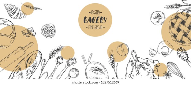 Hand Drawn Vector Illustration Of Bakery Banner. Pastry And Bakery For Fast Food Menu, Cafe Decor, Ad