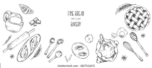 Hand drawn vector illustration of bakery banner. Pastry and bakery for fast food menu, cafe decor, ad