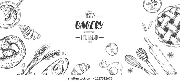 Hand drawn vector illustration of bakery banner. Pastry and bakery for fast food menu, cafe decor, ad