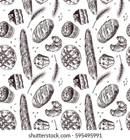 Hand drawn vector illustration bakery. Seamless pattern with baking elements. Sketch style.
