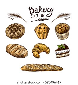 Hand drawn vector illustration bakery. Baking elements for your design. Sketch style.