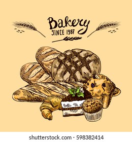 Hand drawn vector illustration bakery. Baking elements for your design. Sketch style.