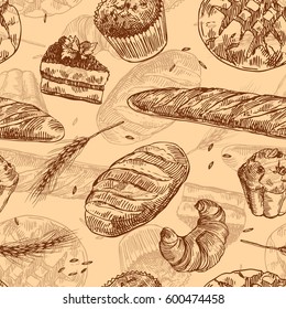 Hand drawn vector illustration bakery. Seamless pattern with baking elements. Sketch style.