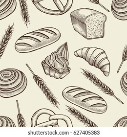 Hand drawn vector illustration bakery. Seamless pattern with baking elements. Sketch style.