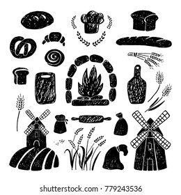 Hand drawn vector illustration of bakery products, windmills.