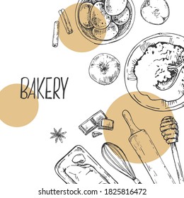 Hand drawn vector illustration of baking items and bakery with lettering. Pastry and bakery for fast food menu, cafe decor