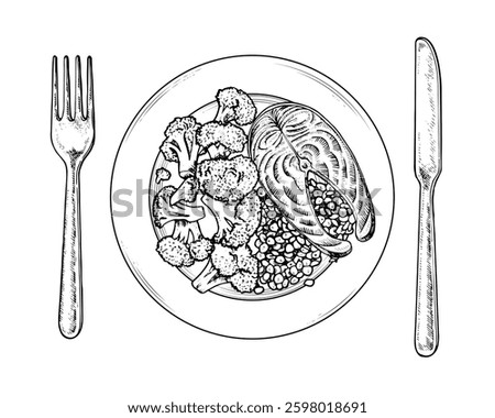 Hand drawn vector illustration of a balanced plate rule for healthy eating. Black and white top view sketch showing proper portions of proteins, fats, carbohydrates, and fiber. Isolated background