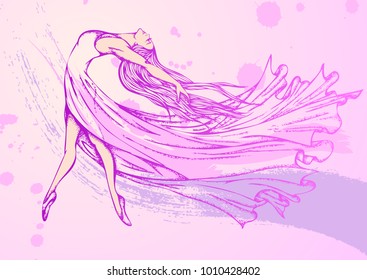 Hand drawn vector illustration. Ballerina dancing modern dance in a long fluttering dress on a grunge background. Comic style