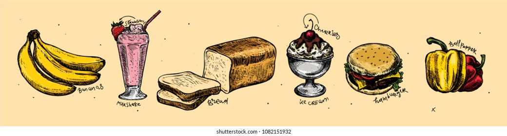 Hand Drawn Vector Illustration with Bananas, Milk Shake, Bread, Ice Cream, Hamburger and Bell Pepper. 