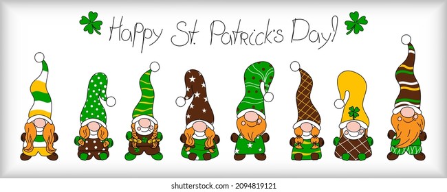 Hand drawn vector illustration banner design gnomes with Happy St Patrick's Day. Cartoon style.