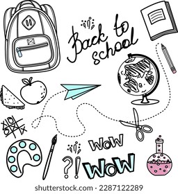 Dibujado a mano. Ilustración vectorial diseño de fondo bosquejo del elemento de la educación. Plantilla para el diseño escolar. Dibujar el estilo de caricatura del doodle. El logo de vuelta a la escuela.