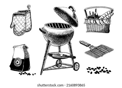 Hand drawn vector illustration of barbecue set including grill grate, charcoal pack, grill, basket and baking gloves.