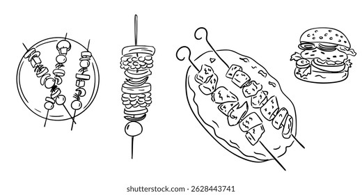 Hand drawn vector illustration of barbecue food including skewers and burger. Concept of grilled meal, picnic, summer cookout and outdoor party