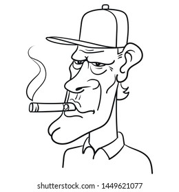 Hand drawn vector illustration of a baseball cap and cigar in mouth. funny, usa, portrait, scribble, outline, comic, ink, sketch, doodle, vector, illustration, line, cartoon, black, white, drawing.