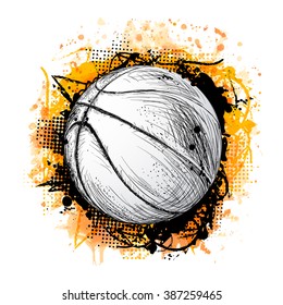 Hand drawn vector illustration with basketball ball, grunge composition and orange watercolor background, in doodle style