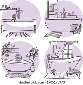 Hand drawn vector illustration of a bathtub. Set of beautiful bathroom interior doodles isolated on white background.