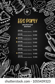 Hand drawn vector illustration. BBQ menu. Barbeque design elements in sketch style. Fast food.  Perfect for delivery flyers, prints, packing, leaflets, advertising, wrapping paper