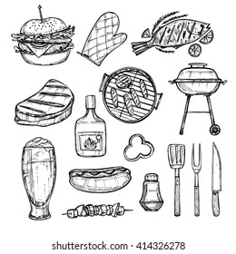 Hand drawn vector illustration - BBQ elements (grill, hot dog. hamburger, fish, beer, meat). Fast food collection. 