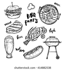 Hand drawn vector illustration - BBQ elements (grill, hot dog. hamburger, fish, beer, meat). Fast food collection. 