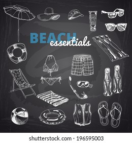Hand drawn vector illustration. Beach essentials set. Vintage. Sketch. Chalkboard.