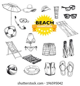 Hand drawn vector illustration. Beach essentials set. Vintage. Sketch. 