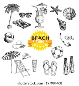 Hand drawn vector illustration. Beach time set. Vintage. Sketch.