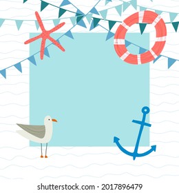 Hand drawn vector illustration for beach, nautical sea theme. Design template for invitation, greeting card, sale banner, flyer with space for text.