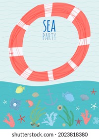 Hand drawn vector illustration for beach, nautical sea theme. Design template for invitation, greeting card, sale banner, flyer with space for text