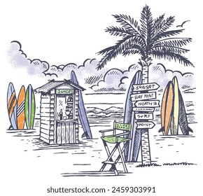 Hand drawn vector illustration of beach landscape. Art in a laid-back style.