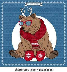 Hand Drawn Vector Illustration of Bear , Christmas Greeting Card Design