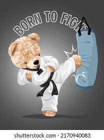 Hand drawn vector illustration of bear doll wearing karate costume kicking punching bag