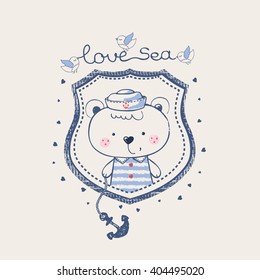 hand drawn vector illustration of  bear sailor / baby bear/sweet bear/cute bear/can be used for kid's or baby's shirt design/fashion print design/fashion graphic/t-shirt/kids wear