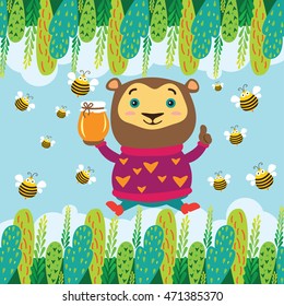 Hand drawn vector illustration of a bear holding a jar of honey in its paws with bee around