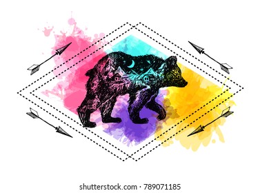 Hand drawn vector illustration bear with double exposure. Tattoo style graphic. 
