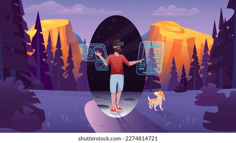 Hand- drawn vector illustration of a bearded man in vr headset with a dog in the forest.