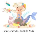 Hand drawn vector illustration of a beautiful mermaid girl with a blonde braid among seaweed and corals. Underwater sea life of coral reef