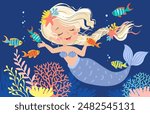 Hand drawn vector illustration of a beautiful mermaid girl with a blonde braid among seaweed and corals. Underwater sea life of coral reef